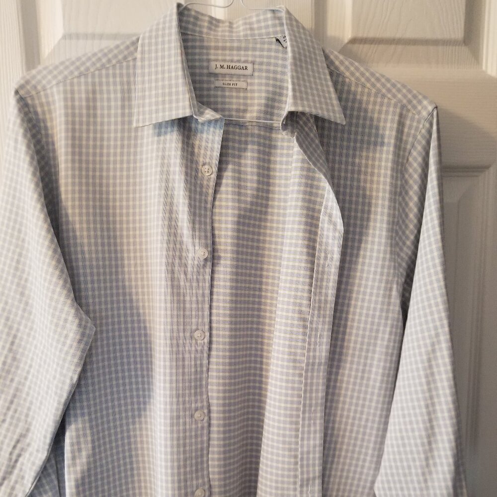 Men's blue and white and yellow checkered long-sleeve collared shirt